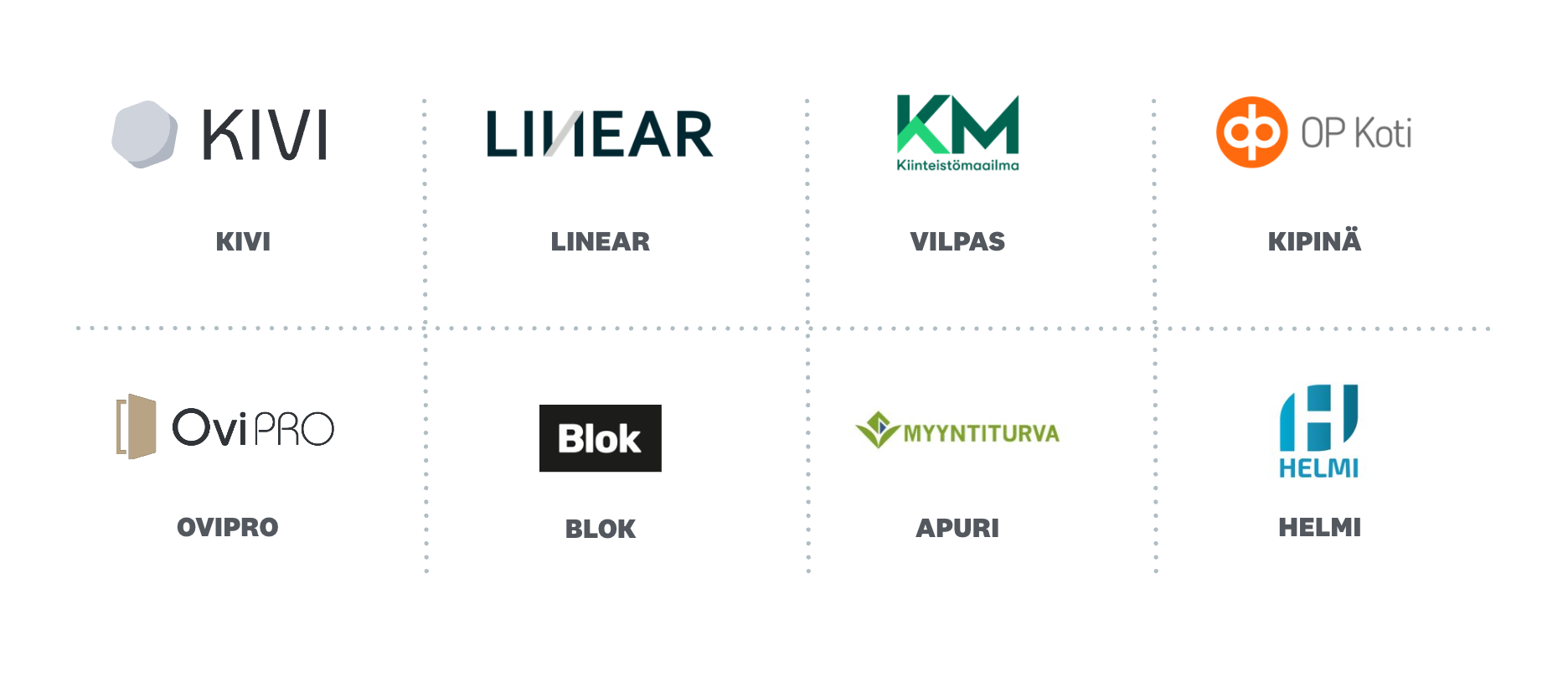 DIASissa on mukana välitysjärjestelmistä: Kivi, Linear, Vilpas, Kipinä, Ovipro, Blok, Apuri ja Helmi. Kuvassa on esitetty järjestelmien logot ja nimet.
