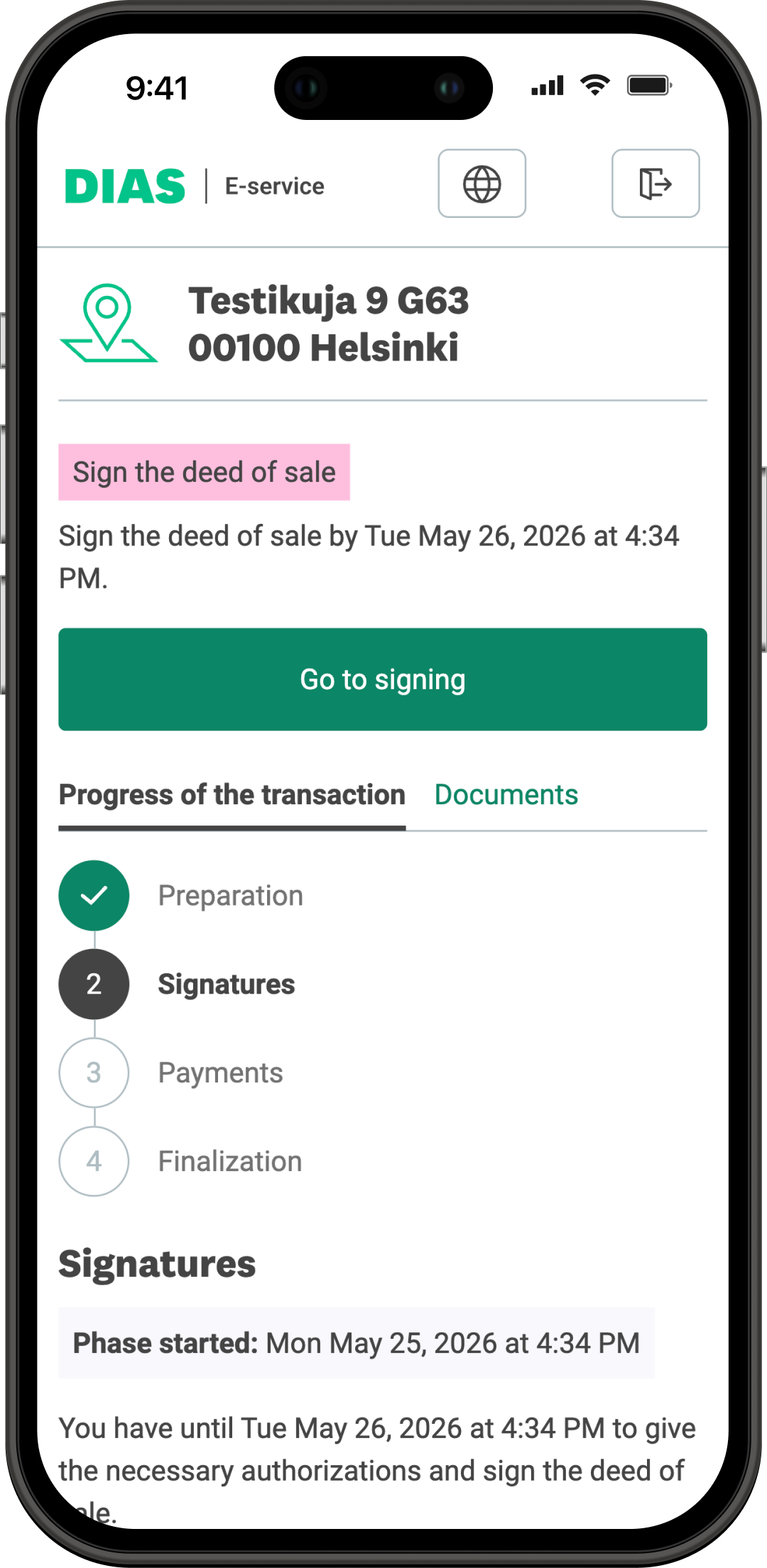 Go to signing -view