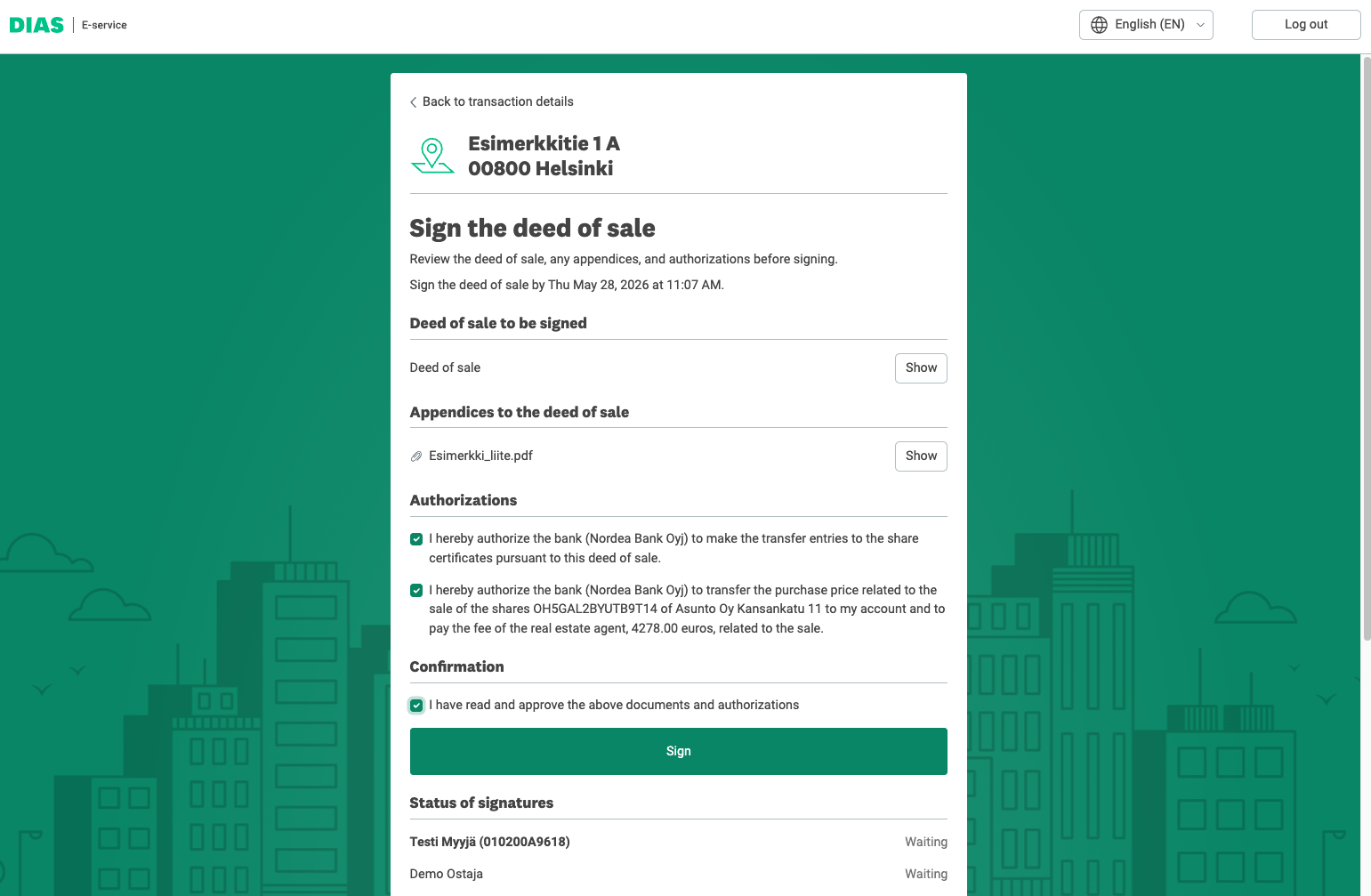 Signing the deed of sale browser view