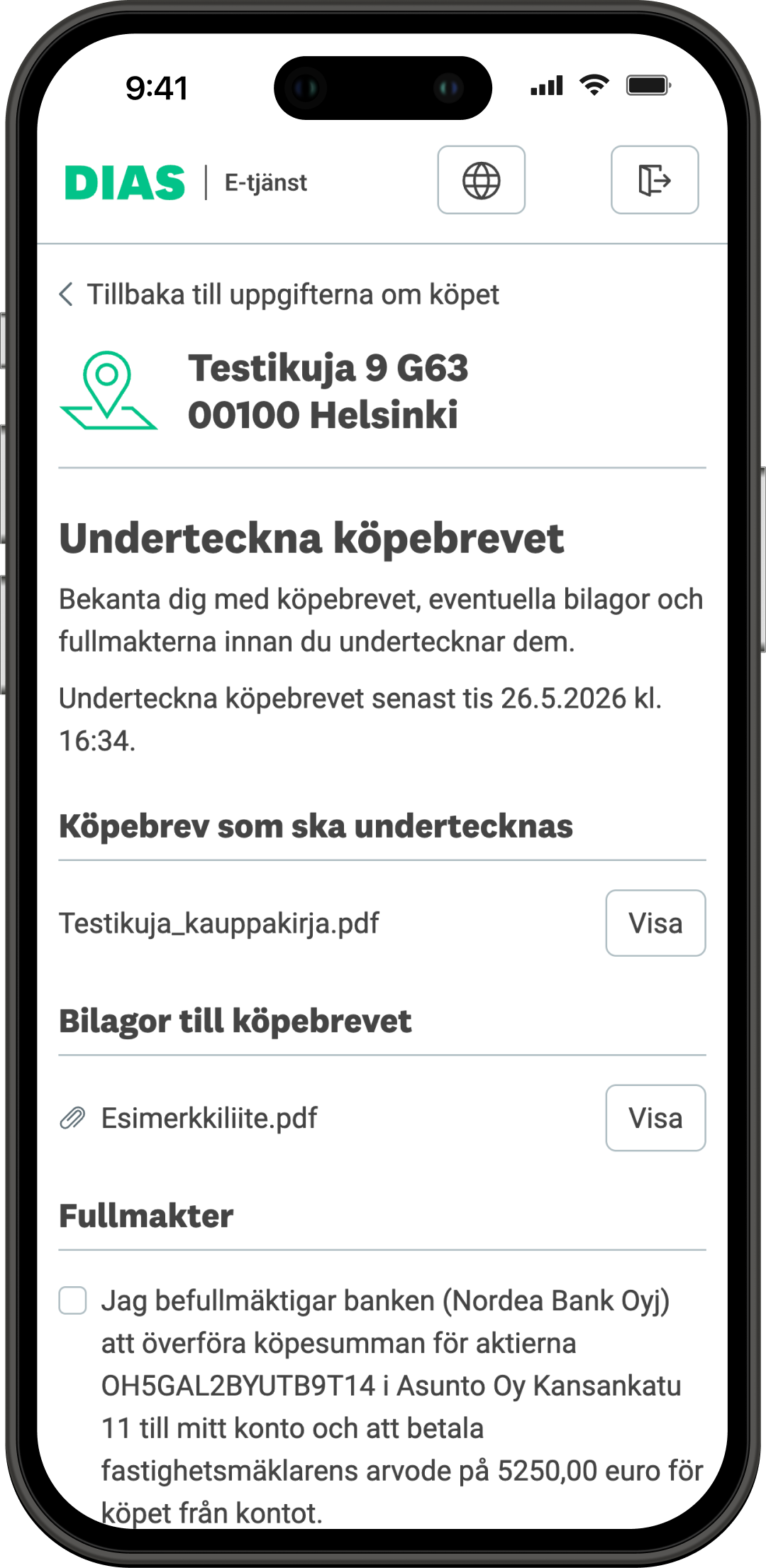 Underteckna köpebrevet -vyn