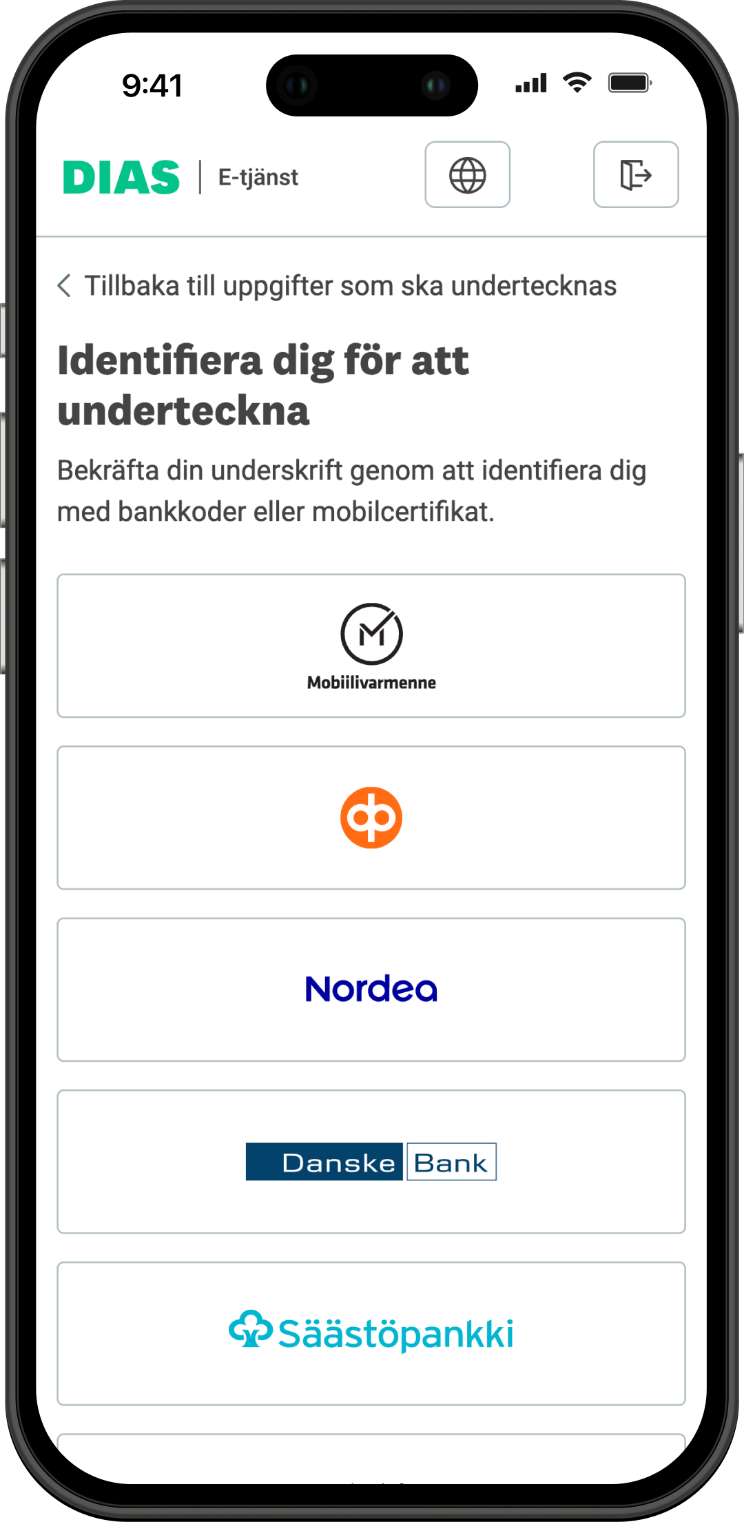 identifiera dig för att underteckna -vyn