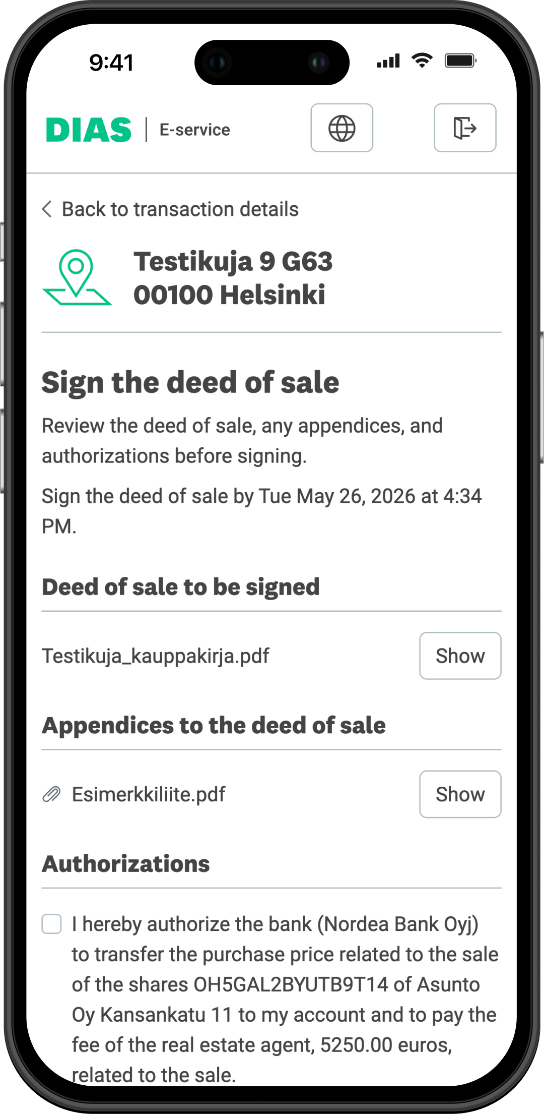 Sign the Deed of Sale view