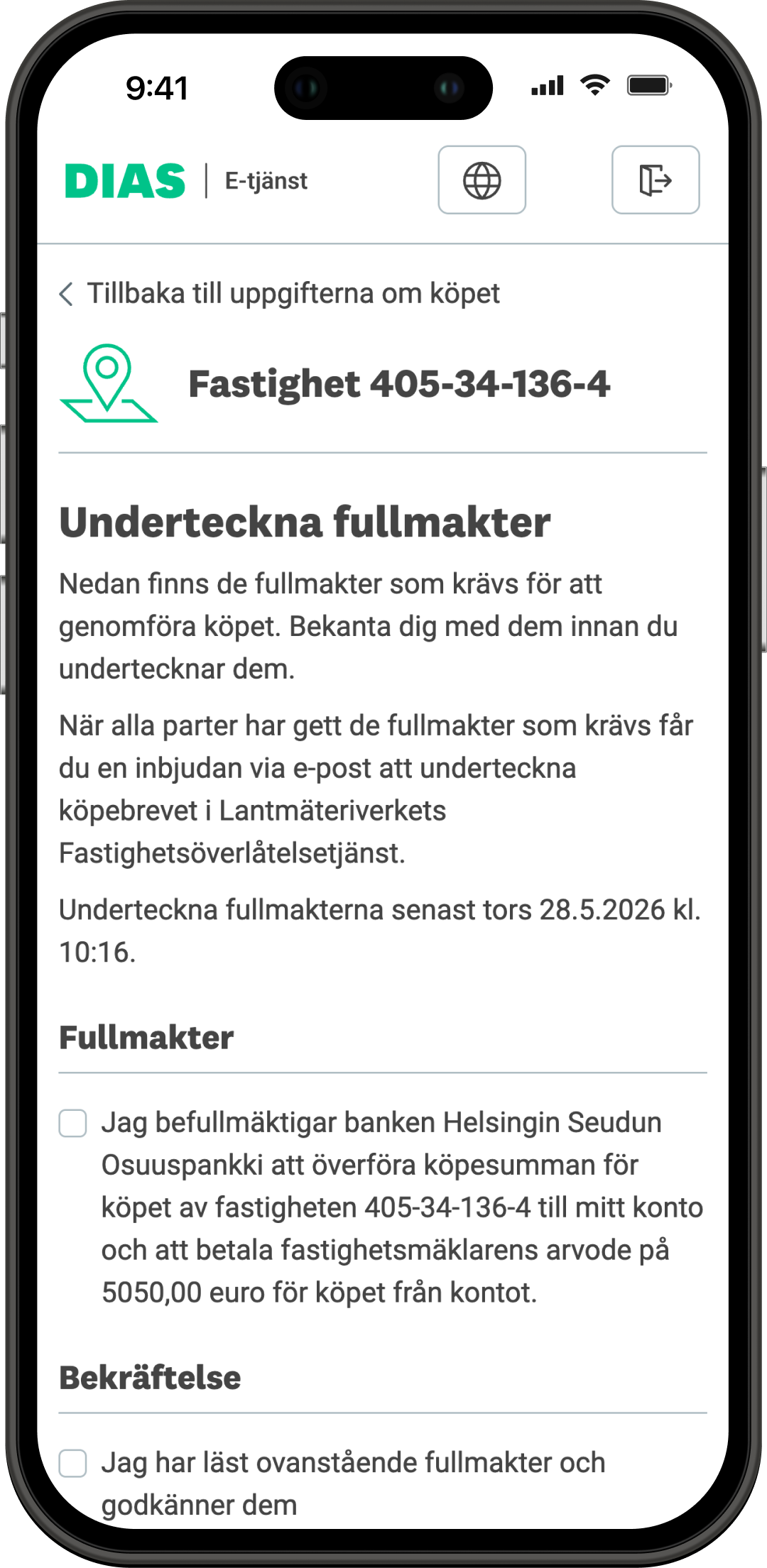 Underteckna fullmakter -vyn
