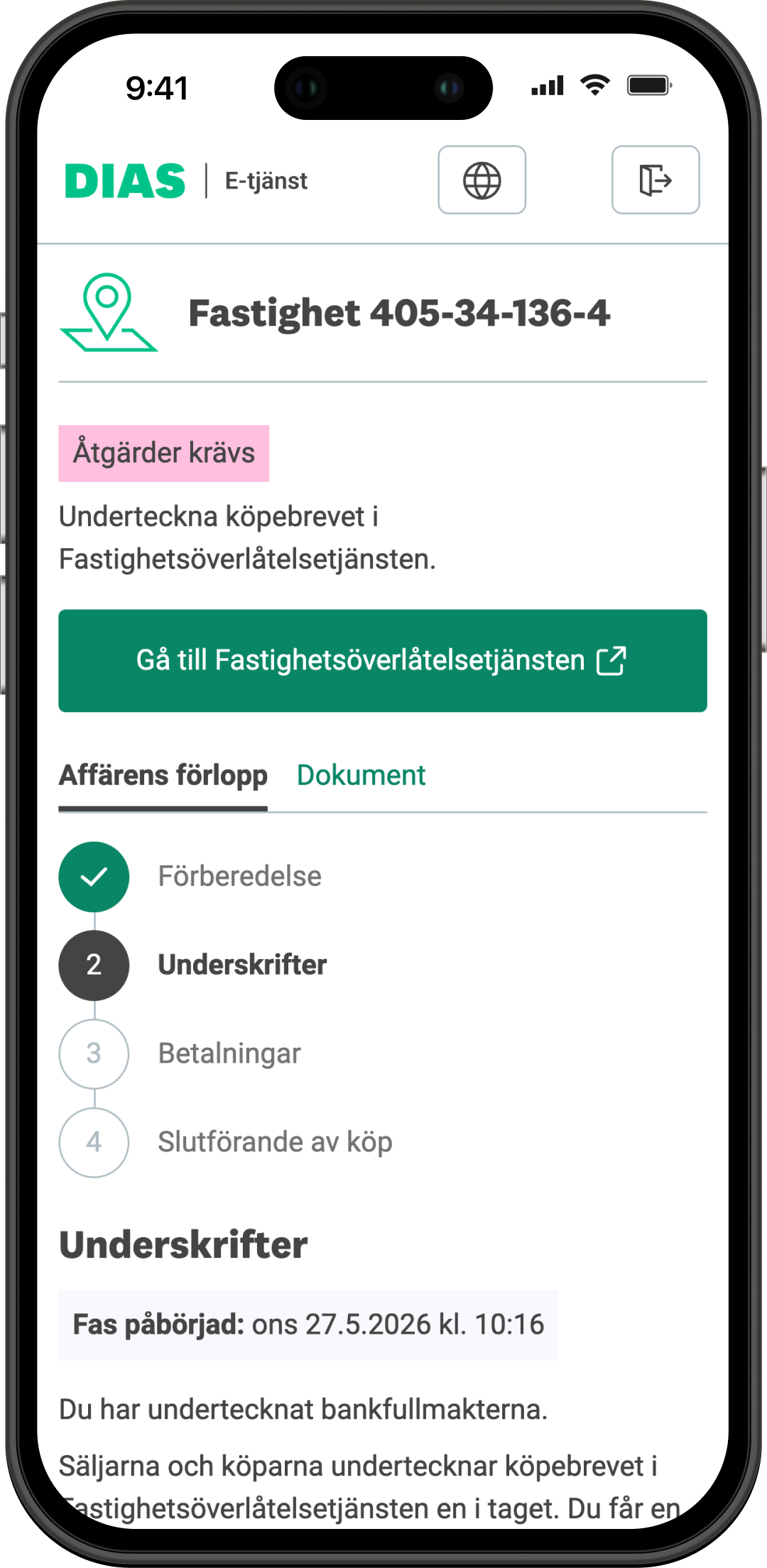 Gå till fastighetsöverlåtelsetjänsten -vyn