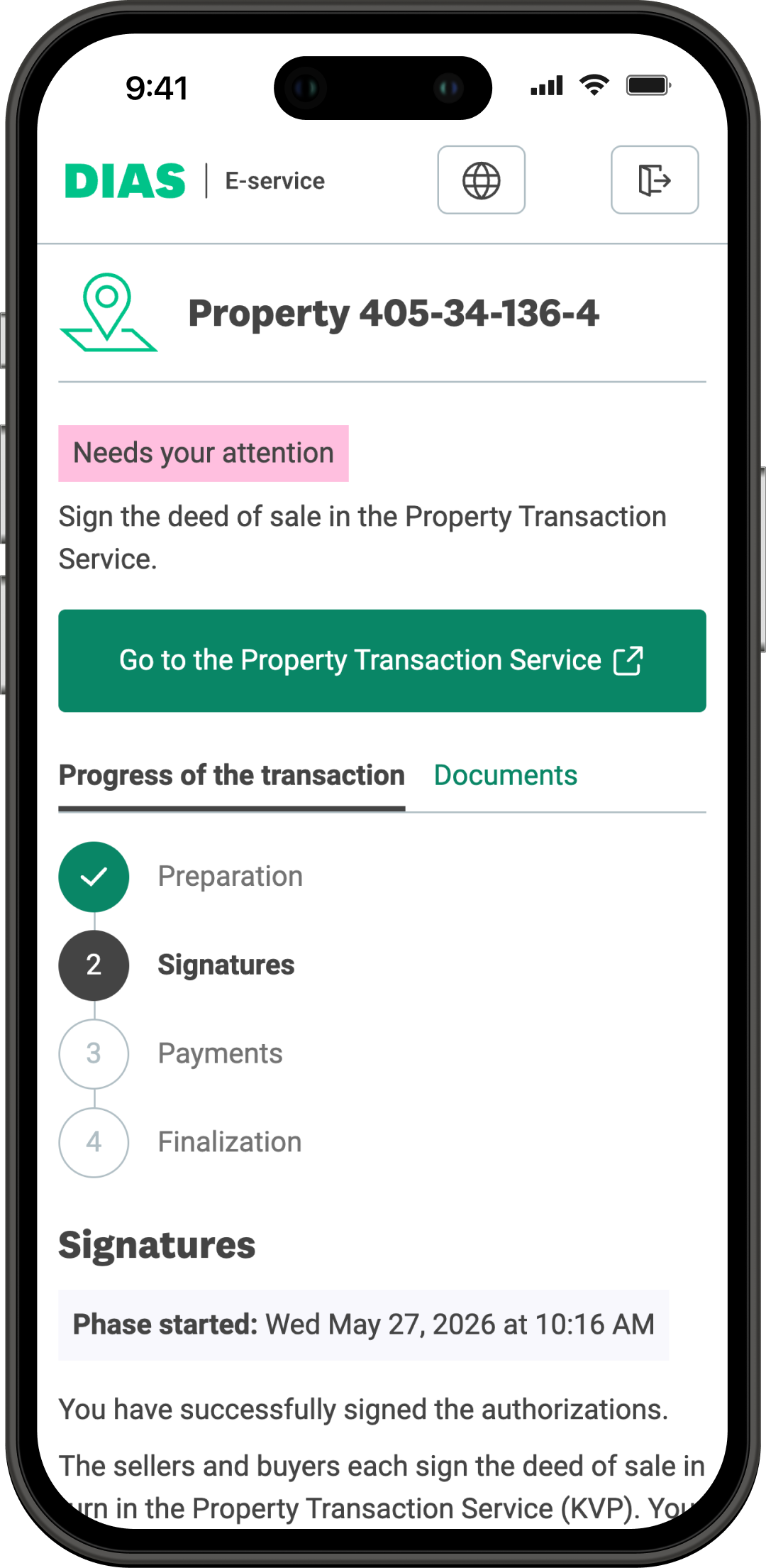Go to the Property Transaction Service -view