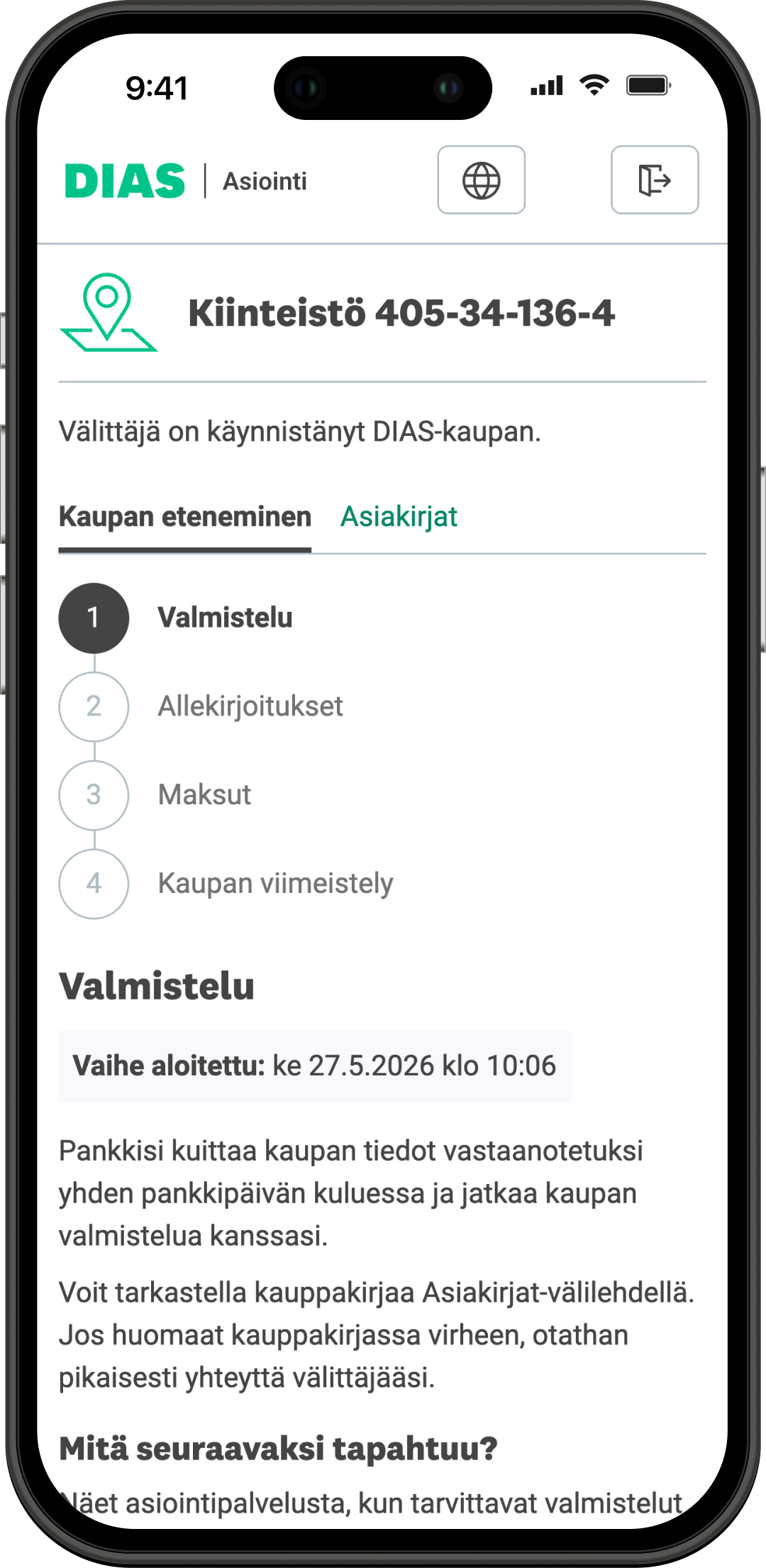 Kauppa aloitettu -näkymä