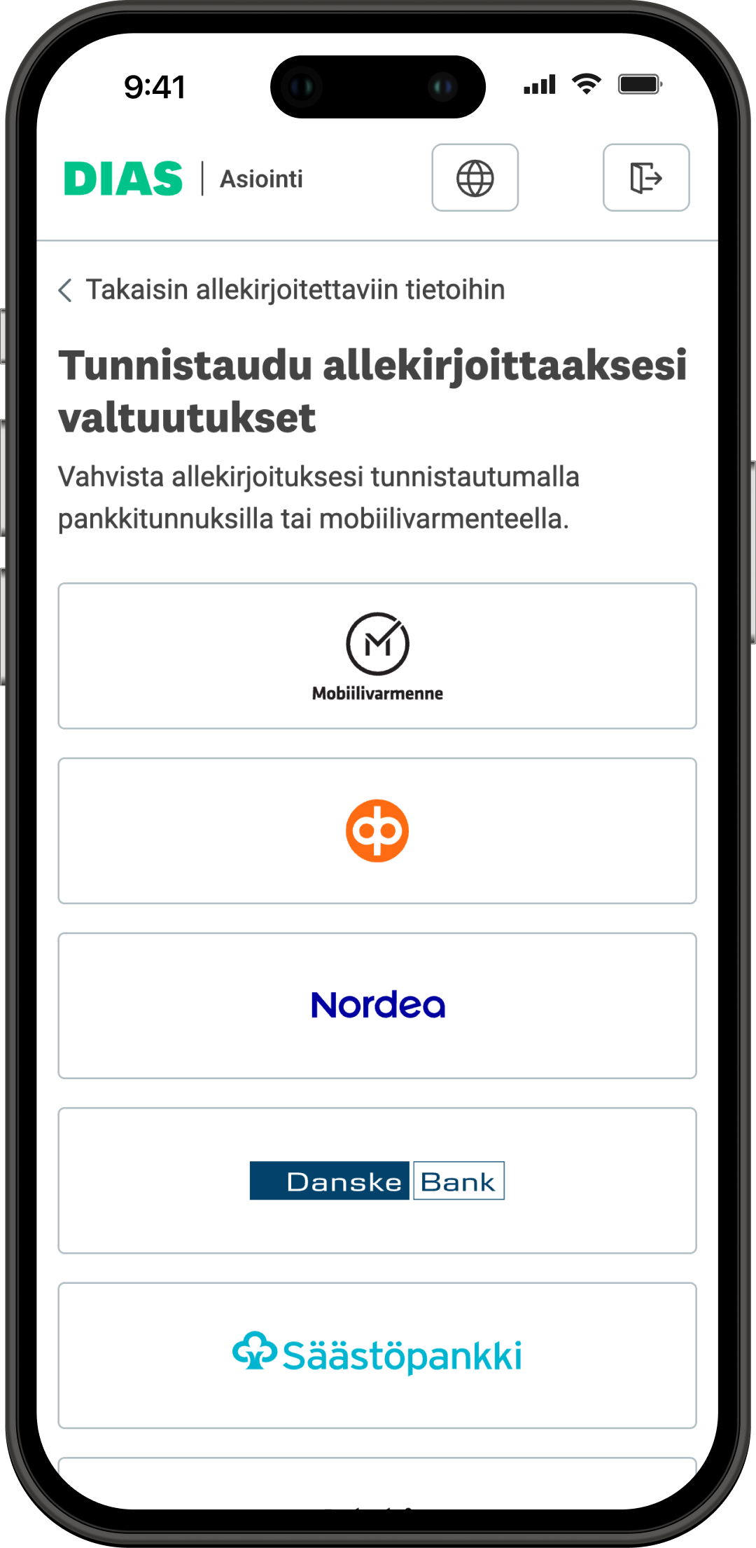 tunnistaudu valtuutusallekirjoitukseen -näkymä