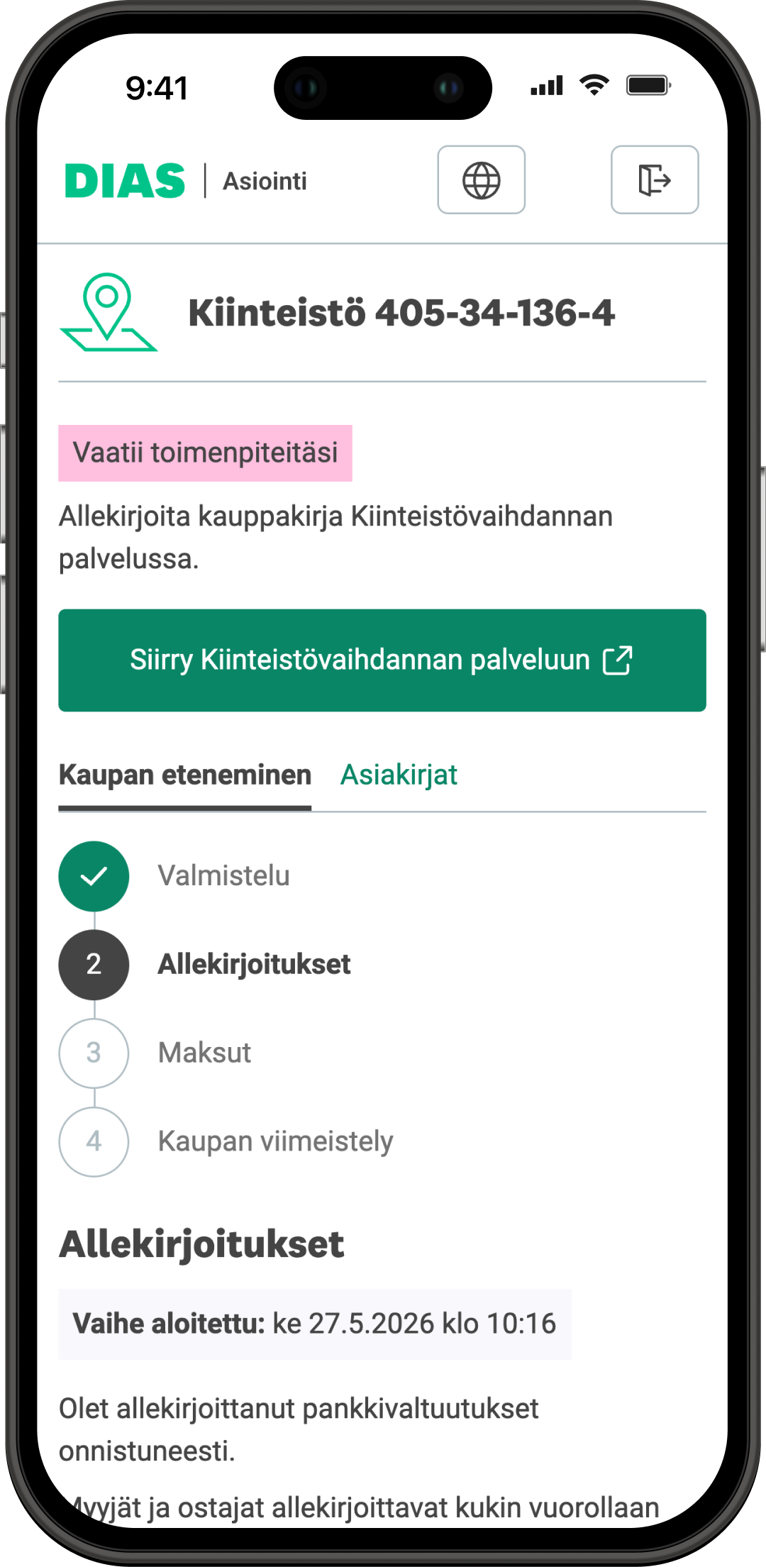 Odottaa kauppakirjan allekirjoitusta -näkymä