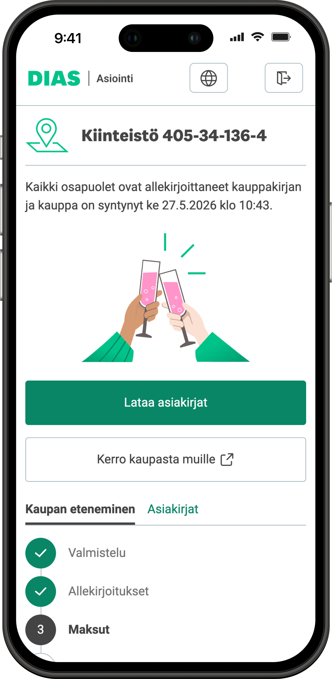 Kauppakirja allekirjoitettu ja kauppa syntynyt -näkymä