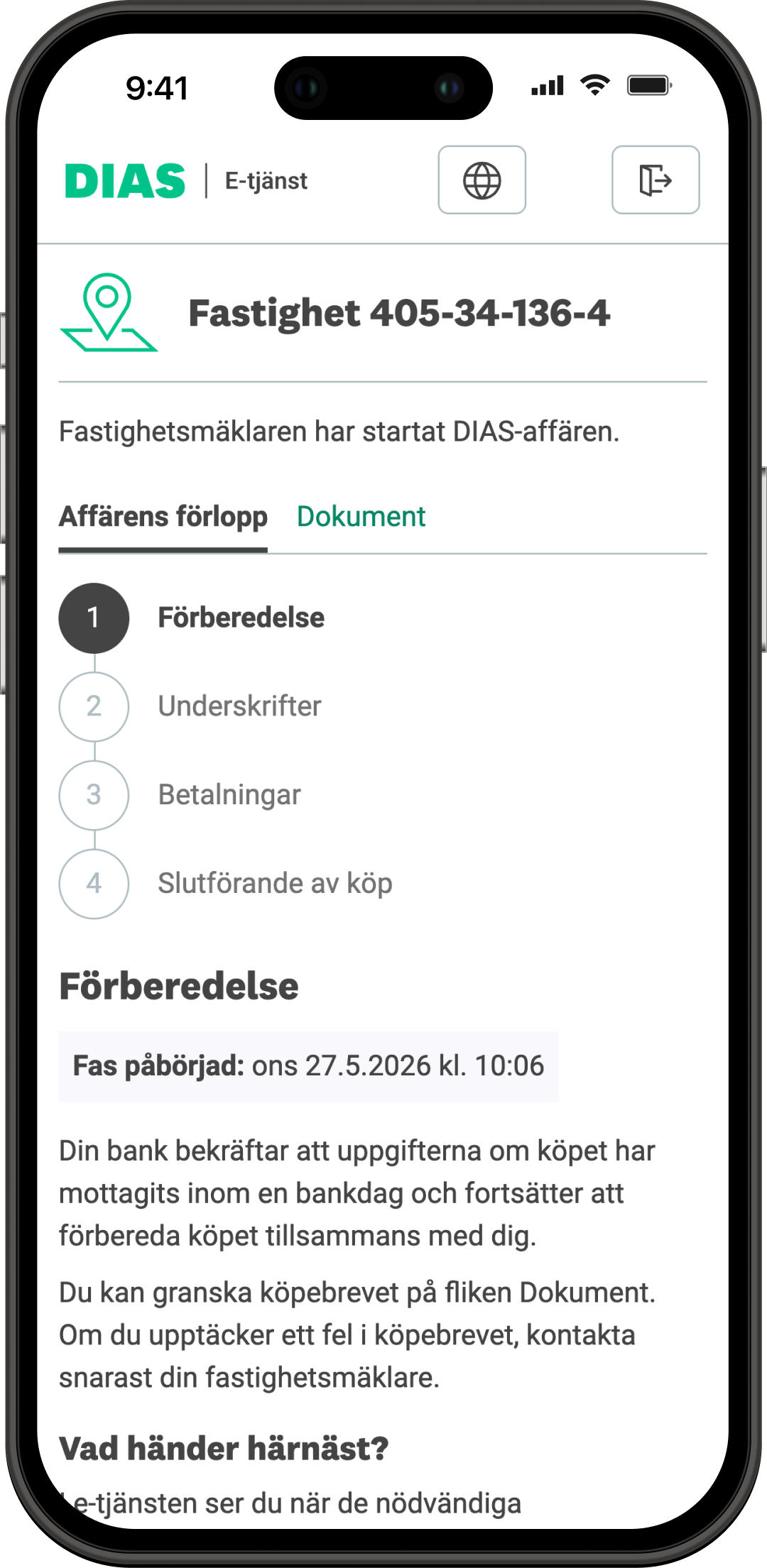 Affären initierat -vyn